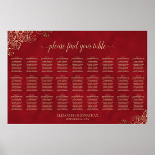 Elegant Red & Gold 27 Table Wedding Seating Chart