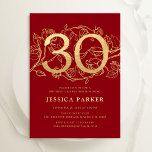 Elegant Red Gold 30th Birthday Invitation<br><div class="desc">Elegant red gold 30th birthday party invitation. Customisable modern feminine design featuring roses botanical accents and faux glitter gold. Simple floral invite card perfect for a stylish female bday celebration. Personalise with your own details. Printed Zazzle invitations or instant download digital printable template.</div>