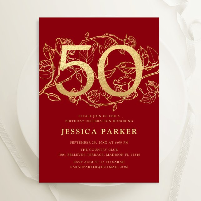 Elegant Red Gold 50th Birthday Invitation (Creator Uploaded)