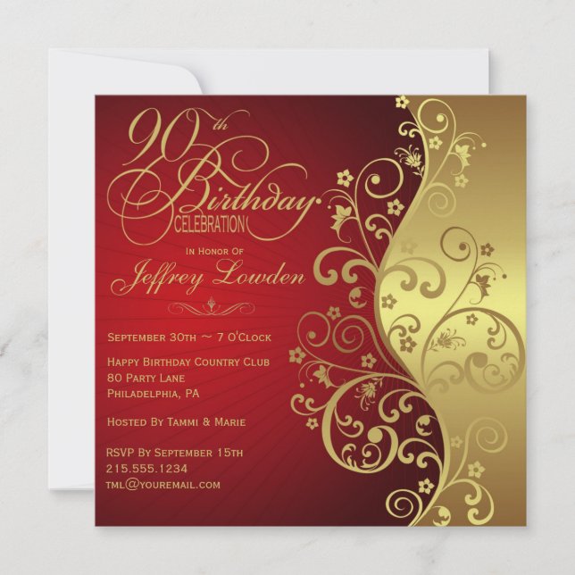 Elegant Red & Gold 90th Birthday Party Invitation (Front)