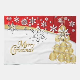 Elegant Red, Gold and White Christmas Tea Towel