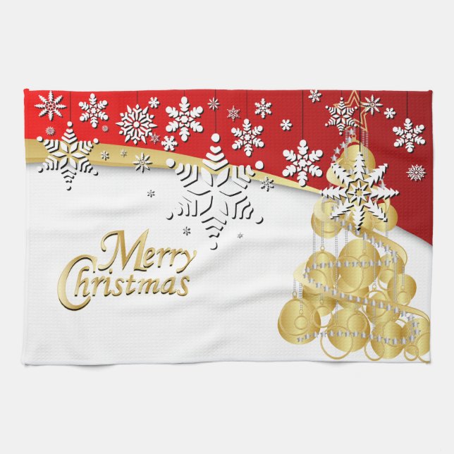 Elegant Red, Gold and White Christmas Tea Towel (Horizontal)