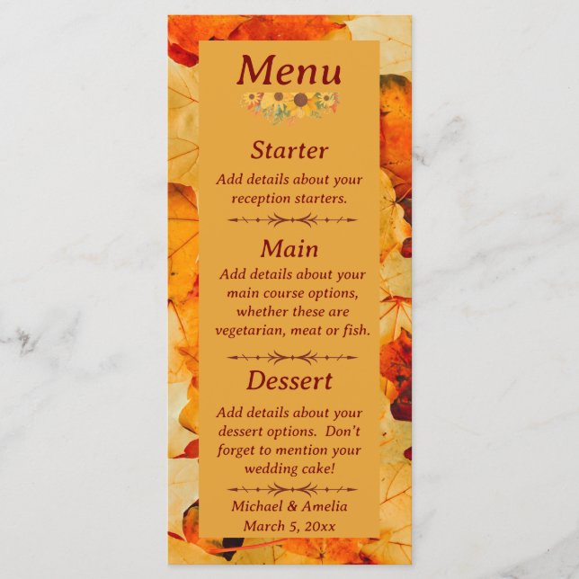Elegant Red Gold Autumn Leaves Fall Wedding Menu (Front)