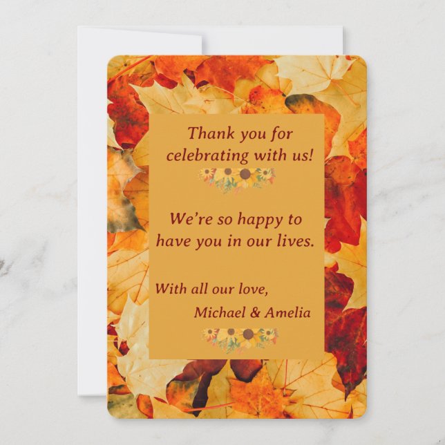 Elegant Red Gold Autumn Leaves Fall Wedding Thank You Card (Front)