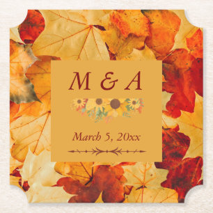 Elegant Red Gold Autumn Leaves Wedding Paper Coaster
