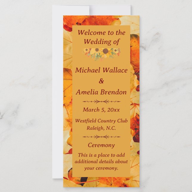 Elegant Red Gold Autumn Leaves Wedding Program  (Front)