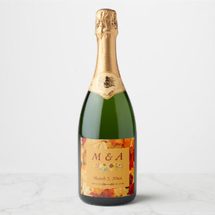Elegant Red Gold Autumn Leaves Wedding Sparkling Wine Label