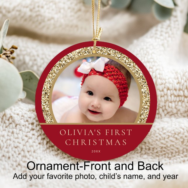 Elegant Red Gold Baby's 1st Christmas Photo Ceramic Tree Decoration (Baby's 1st Christmas)