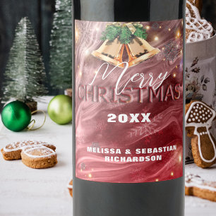 Elegant Red Gold Bells Merry Christmas Wine Label