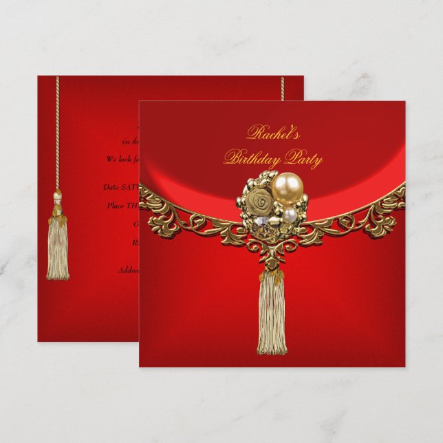 Elegant Red Gold Birthday Party Jewel Invitation (Front/Back)