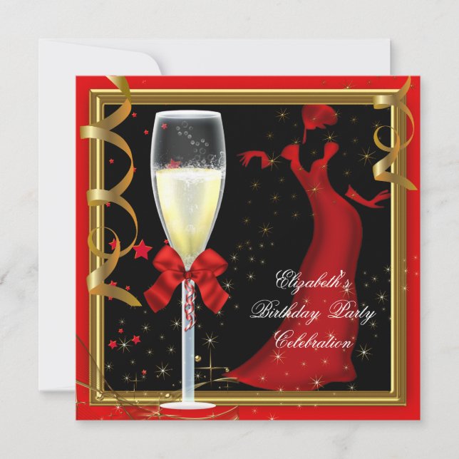 Elegant Red Gold Black Birthday Party Champagne Invitation (Front)