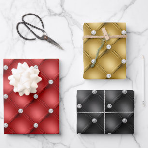 Elegant Red, Gold & Black Diamond Tufted Patterns Wrapping Paper Sheet