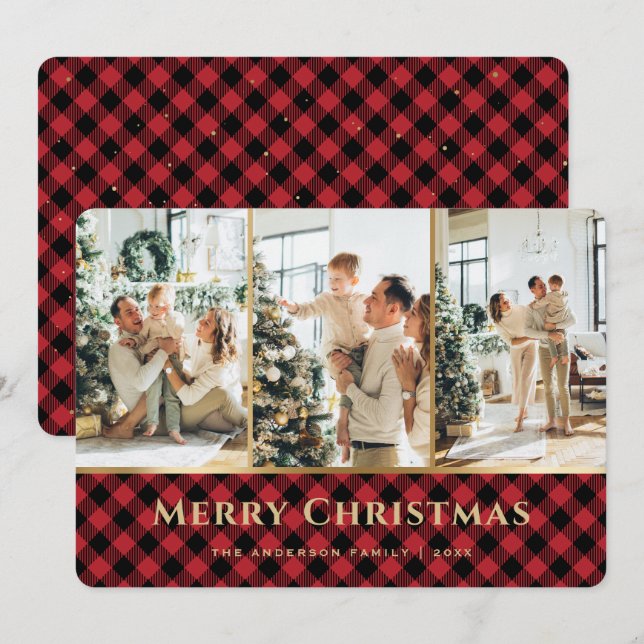 Elegant Red Gold Buffalo Plaid Photo Christmas Holiday Card (Front/Back)