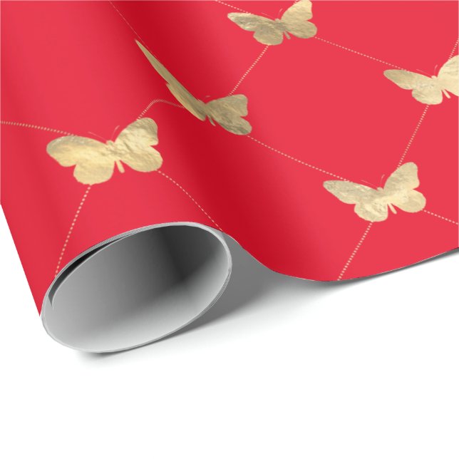 Elegant Red Gold Butterfly Pattern Wrapping Paper (Roll Corner)