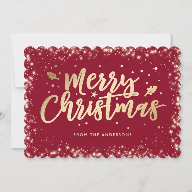 Elegant Red Gold Calligraphy Merry Christmas Holiday Card (Front)