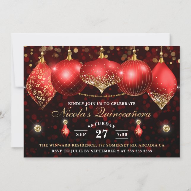 Elegant Red & Gold Christmas Baubles Quinceanera Invitation (Front)