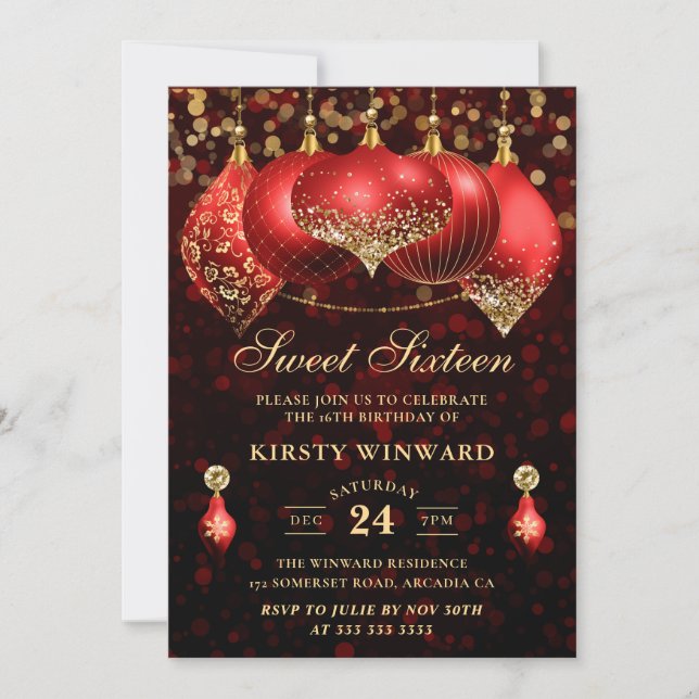 Elegant Red & Gold Christmas Baubles Sweet Sixteen Invitation (Front)