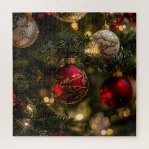 Elegant Red Gold Christmas Holiday Tree Jigsaw Puzzle