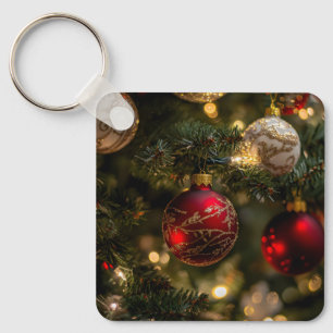 Elegant Red Gold Christmas Holiday Tree Key Ring
