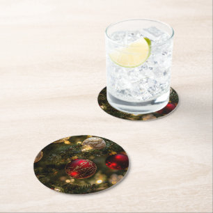 Elegant Red Gold Christmas Holiday Tree Round Paper Coaster