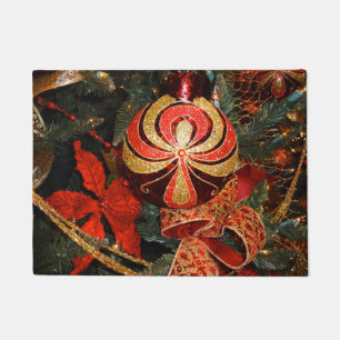 Elegant Red Gold Christmas Ornament Poinsettia Doormat