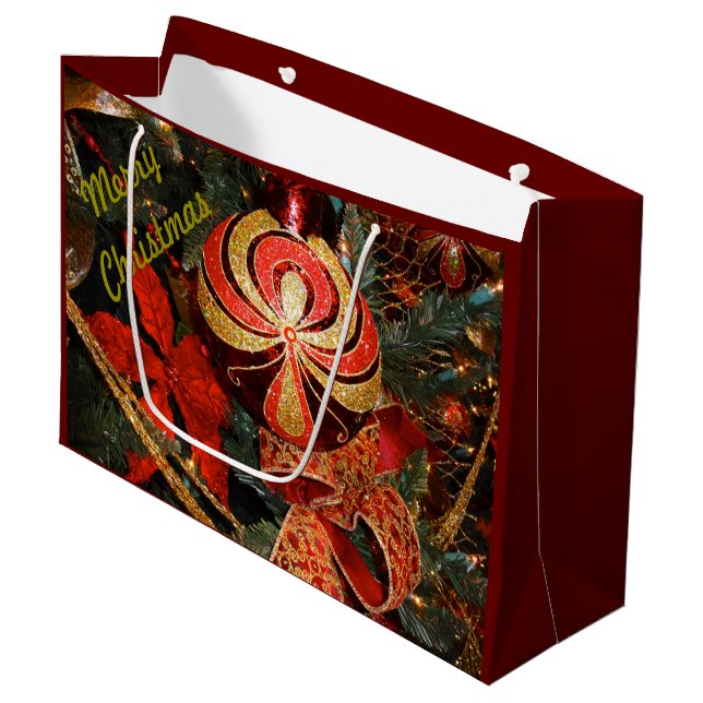 Elegant Red Gold Christmas Ornament Poinsettia Large Gift Bag (Front Angled)