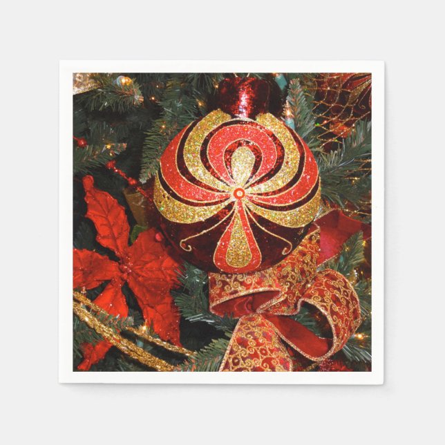 Elegant Red Gold Christmas Ornament Poinsettia Napkin (Front)