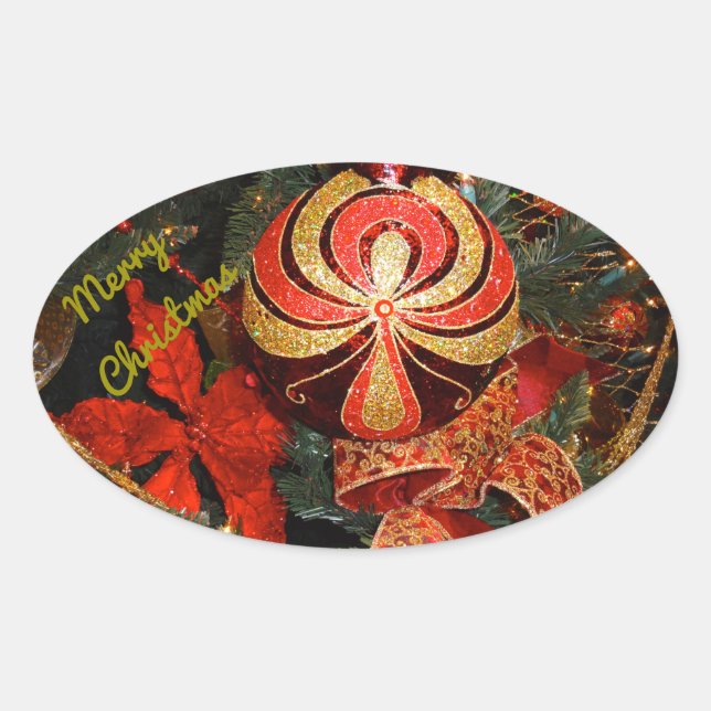 Elegant Red Gold Christmas Ornament Poinsettia Oval Sticker (Front)