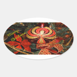 Elegant Red Gold Christmas Ornament Poinsettia Oval Sticker