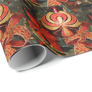 Elegant Red Gold Christmas Ornament Poinsettia Wrapping Paper