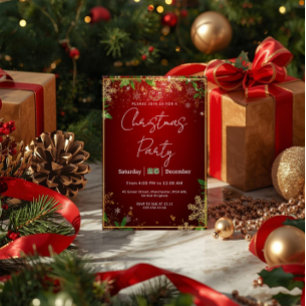 Elegant, Red & Gold, Christmas Party Invitation