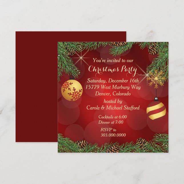 Elegant Red Gold Christmas Party Invitation (Front/Back)