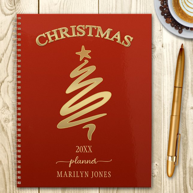 Elegant Red Gold Christmas Planner (Planner featuring an elegant gold stylized Christmas tree with script text on red burgundy)
