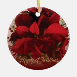 Elegant Red & Gold Christmas Poinsettia Ceramic Tree Decoration