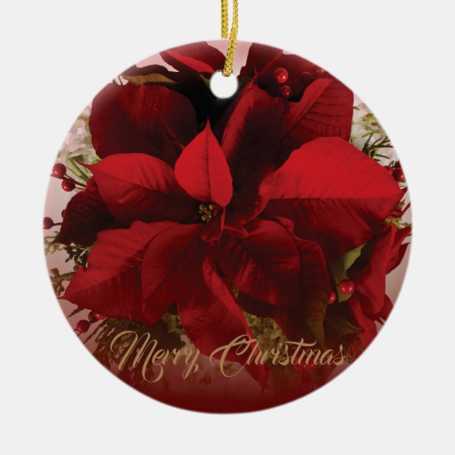Elegant Red & Gold Christmas Poinsettia Ceramic Tree Decoration (Front)
