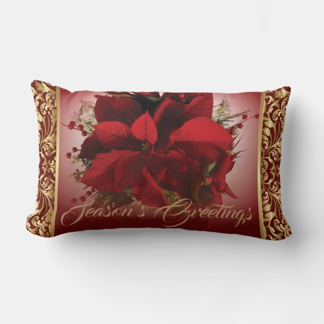 Elegant Red & Gold Christmas Poinsettia Lumbar Cushion (Front)