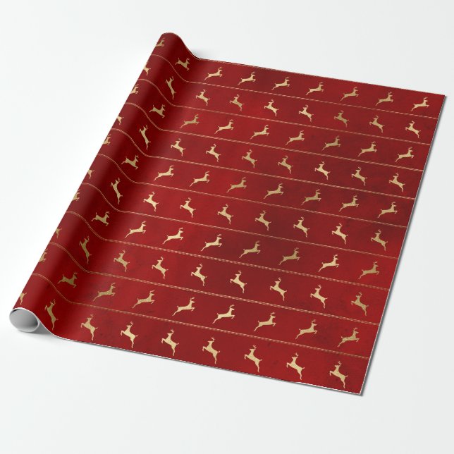 Elegant red & gold Christmas reindeer pattern Wrapping Paper (Unrolled)