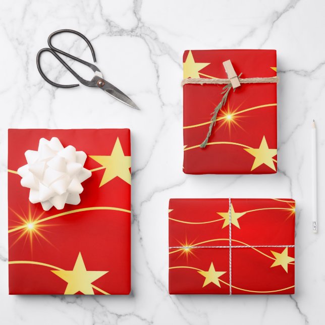 Elegant Red Gold Christmas Star Holiday Pattern Wr Wrapping Paper Sheet (Front)