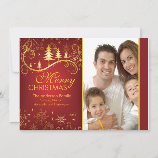 Elegant Red Gold Christmas Tree Holiday Photo Card (Front)