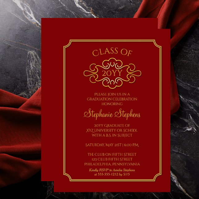 Elegant Red | Gold College Graduation Party Invitation (Elegant Red and Gold Tone College | University Graduation Announcement and Party Invitation)