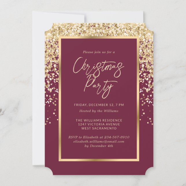 Elegant Red Gold Confetti Christmas Party Invitation (Front)