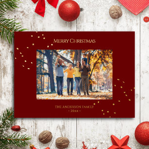 Elegant Red & Gold Confetti Merry Christmas Photo Foil Holiday Card