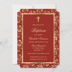 Elegant Red Gold Cross Script Floral Girl Baptism Invitation