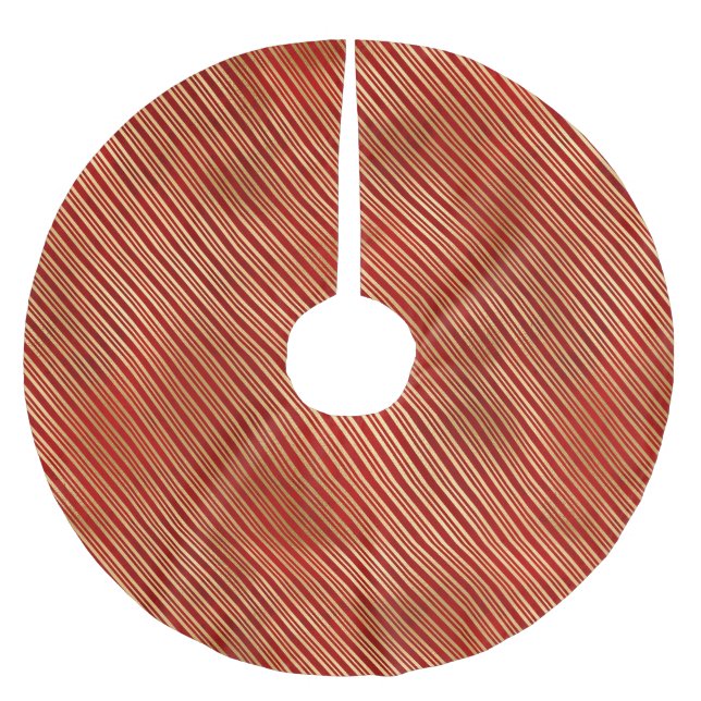 Elegant red gold cute candy cane stripes patten brushed polyester tree skirt (Front)