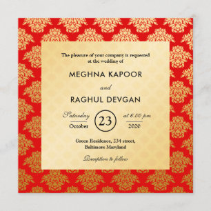 Elegant Red Gold Damask Pattern Indian Wedding Invitation