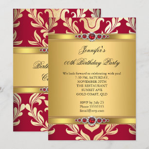 Elegant Red Gold Damask Pearl Birthday Party Invitation