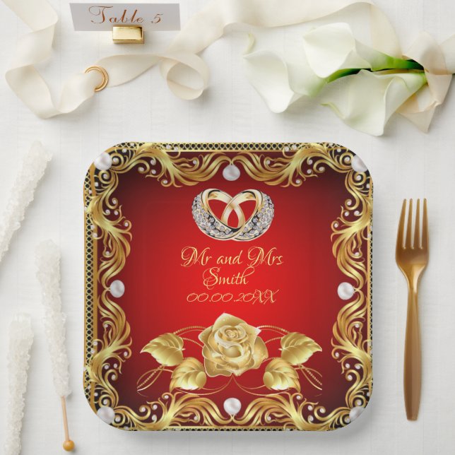 Elegant Red Gold Diamond Personalised  Paper Plate (Wedding)