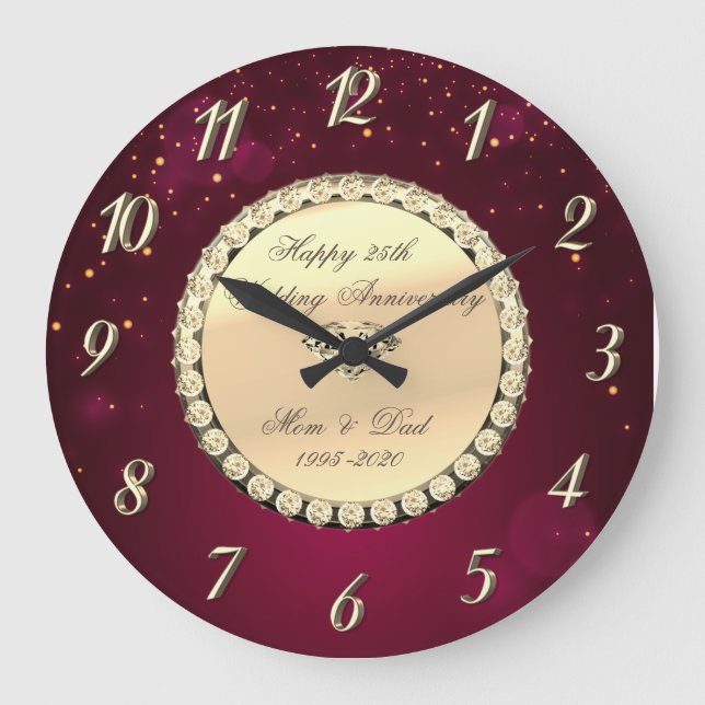 Elegant Red Gold Diamonds 25th Wedding Anniversary Large Clock (Front)