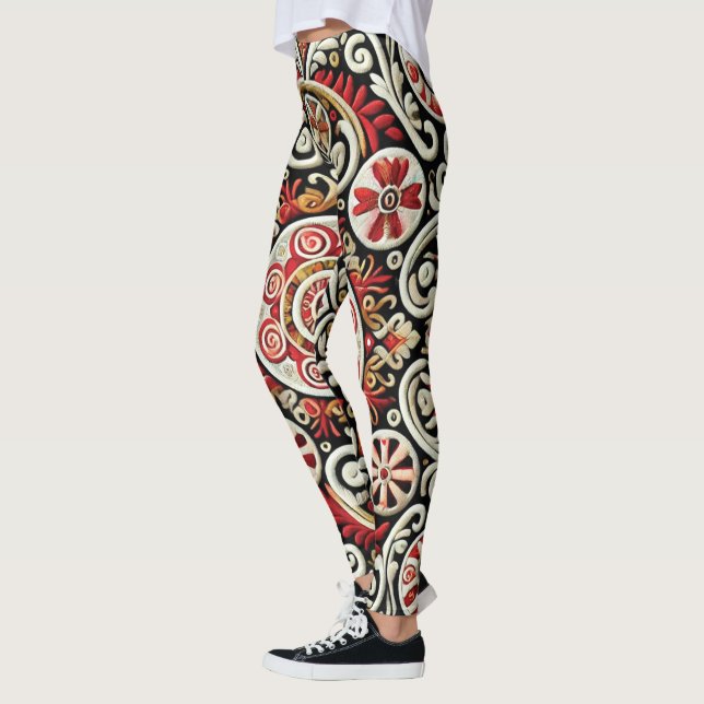 Elegant Red & Gold Embroidered Women's Leggings (Left)