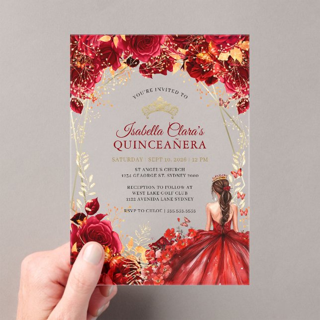Elegant Red Gold Enchanted Floral Quinceanera Acrylic Invitations (Insitu (Handheld))